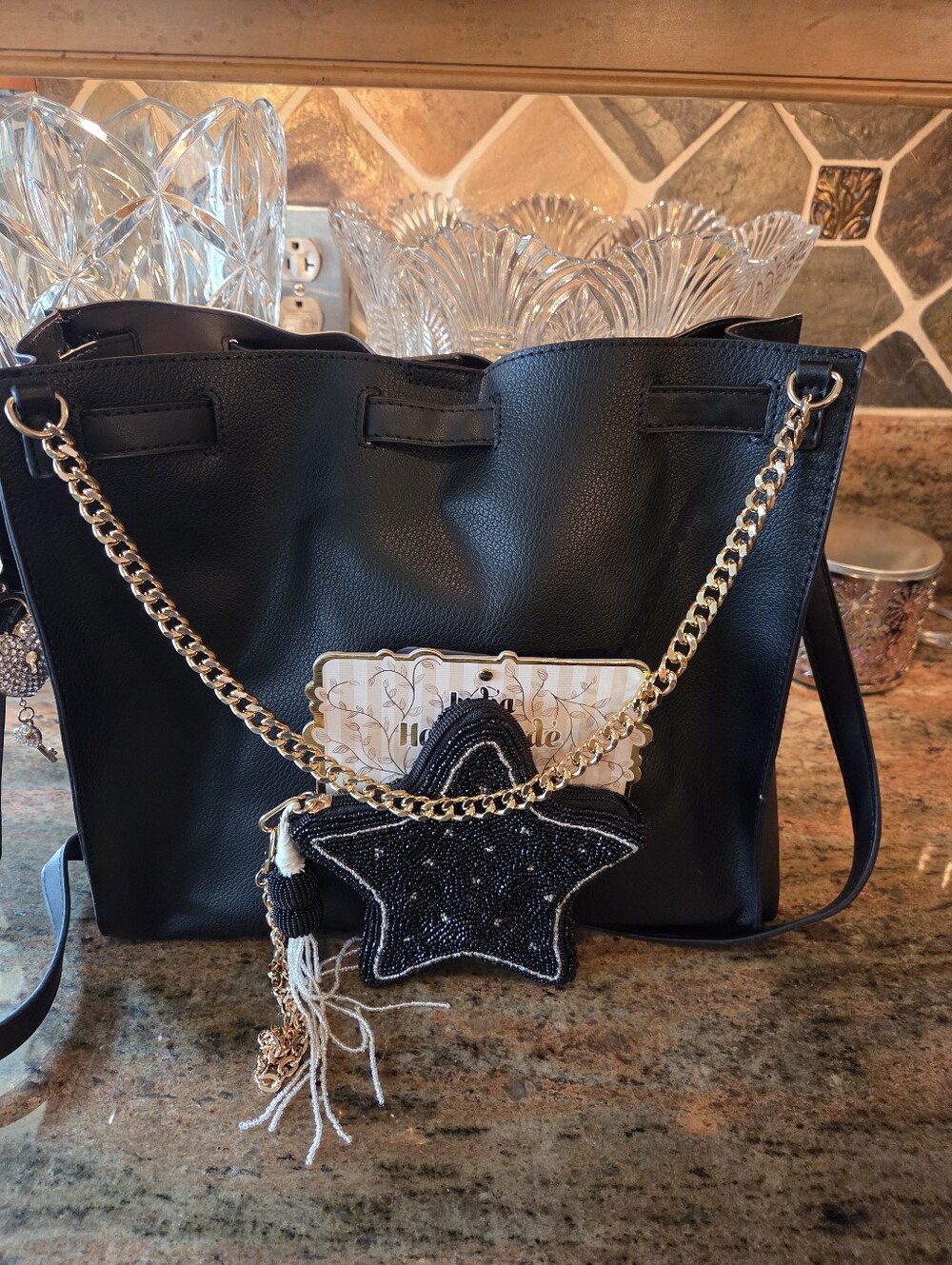 Elegant Black Tote Bag With Beaded Star Wallet